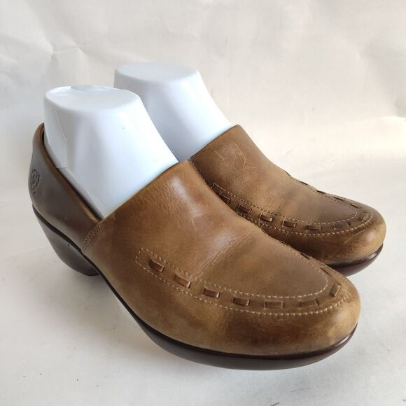 Ariat Aristotle Camel Tan Leather Slip On Western Clogs Stitching Women's Size 7 - Picture 2 of 10